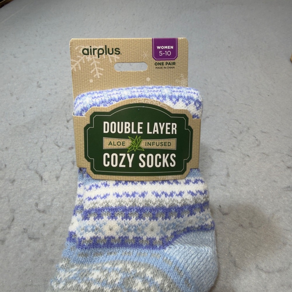 Airplus Women Double Layer Aloe Infused Cozy Socks Blue Fair Isle Size 5-10 NEW